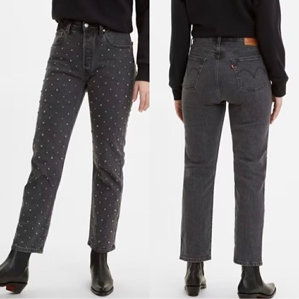 NWT Levis Jeans 501 Crop Crystal Jeans Size 27 Rhinestone High Rise Straight Leg